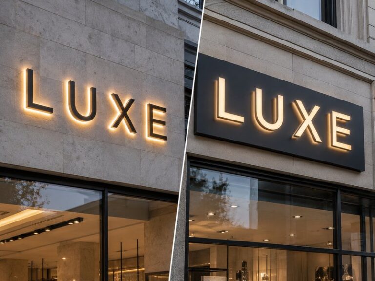 Individually mounted illuminated letters compared with backboard signs on commercial storefronts