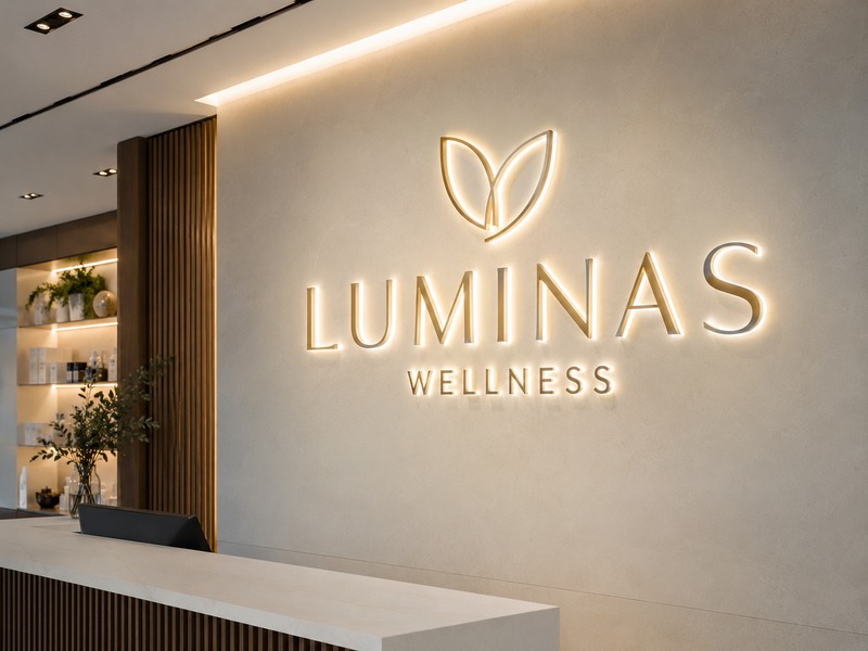 Slim illuminated acrylic channel letters installed on a modern indoor reception wall