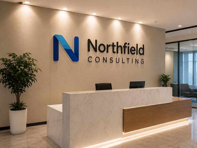 Custom acrylic letters installed on a modern indoor reception wall