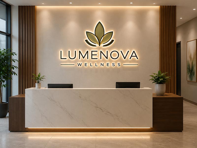 Indoor logo wall sign installed behind a reception desk