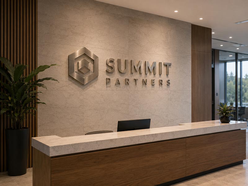 Non-illuminated metal letters installed on a modern corporate reception wall