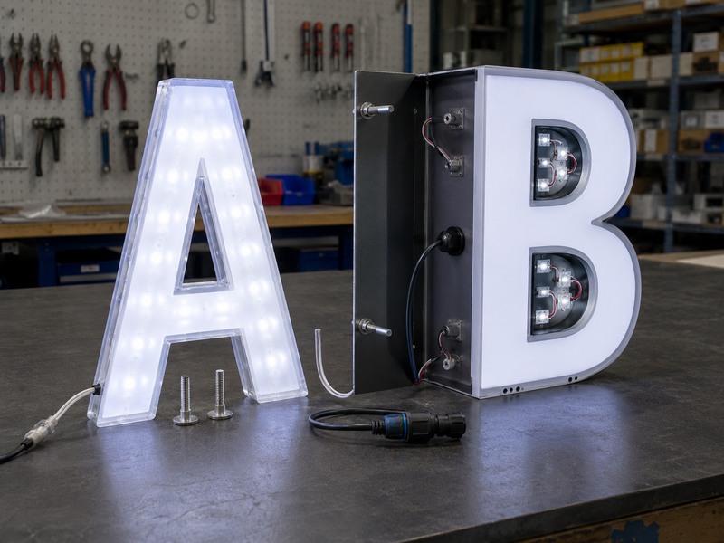 Indoor and outdoor acrylic channel letter builds showing different depths and structures