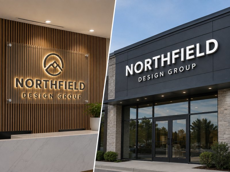 Indoor reception logo sign and outdoor storefront channel letters comparison