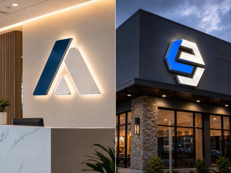 Indoor and outdoor custom signs showing different installation environments