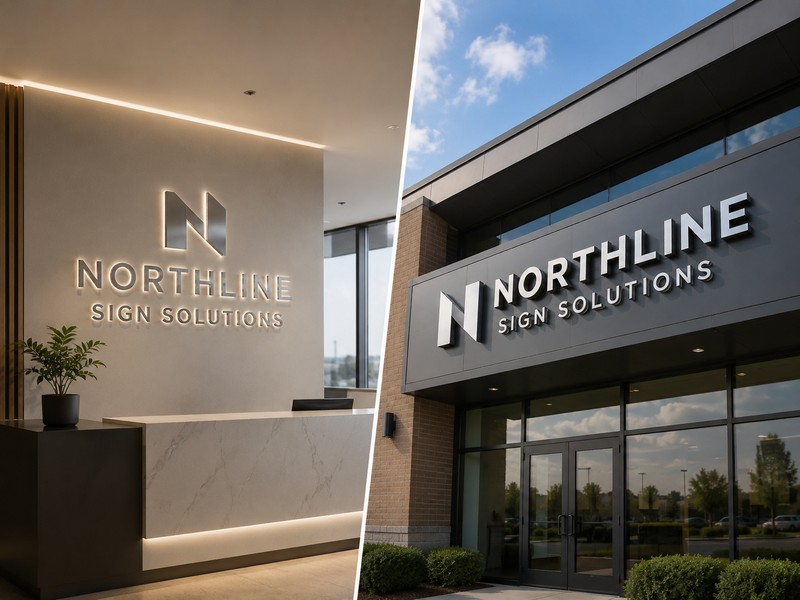Indoor and outdoor commercial signs comparison with acrylic logo and illuminated storefront letters