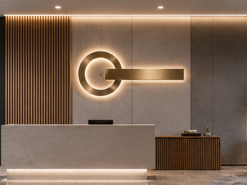 Integrated corporate reception brand wall with dimensional metal and acrylic logo, timber slats and halo lighting