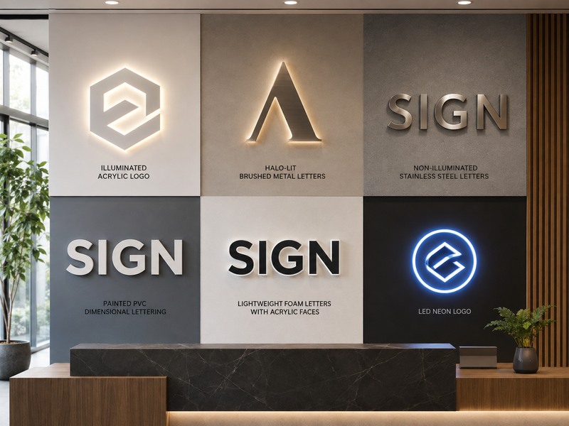 Comparison of acrylic LED logos, halo-lit metal letters, dimensional letters, foam signs, and LED neon for interior brand walls
