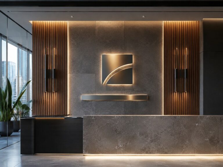 Custom interior brand wall signage with illuminated acrylic logo and halo-lit metal letters in a modern commercial reception