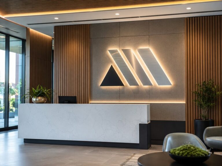 Contemporary interior brand wall with dimensional metal and acrylic logo signage, timber panels and soft halo lighting
