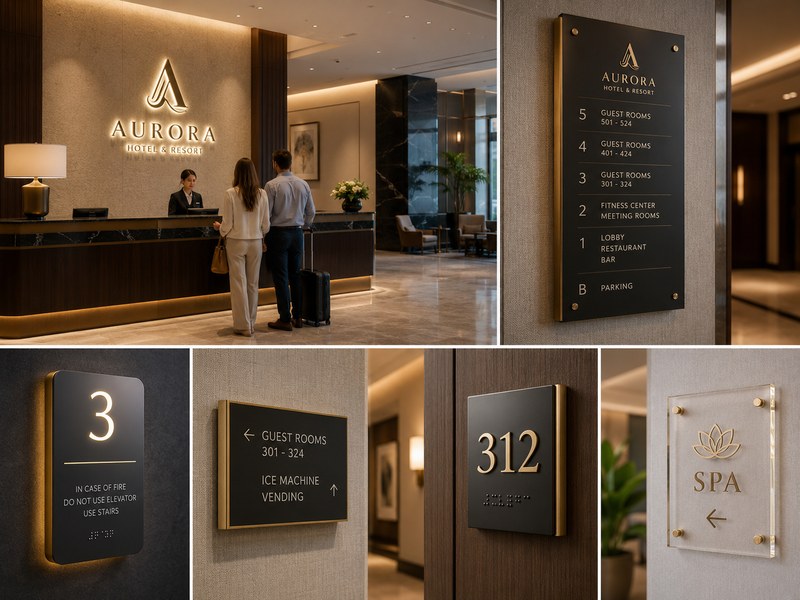 Interior hotel signage with reception logo, directory, wayfinding and room number signs