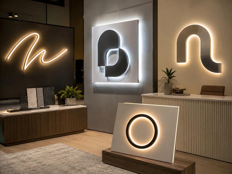 Interior LED sign types including neon signs acrylic backlit signs and reception logo signs