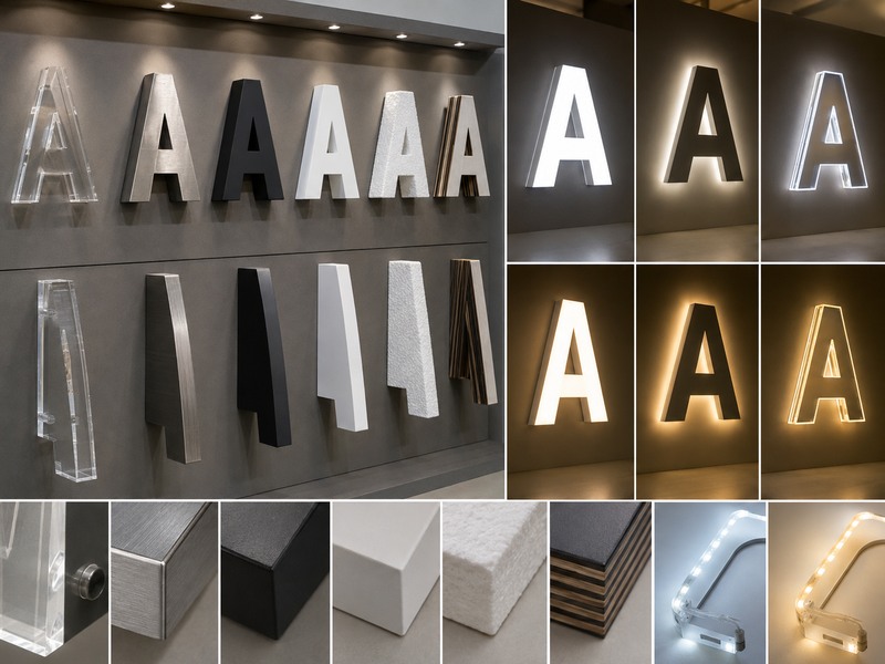 Interior logo sign materials and lighting comparison including acrylic, metal, PVC, foam, front-lit, halo-lit, and edge-lit signs