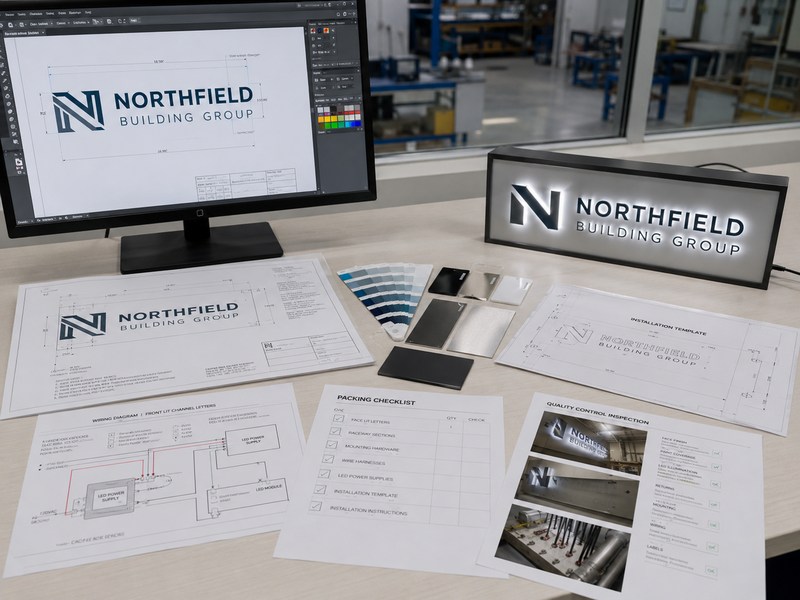 Interior brand wall sign project approval with engineering drawings, material samples, illuminated prototype, wiring diagram, and installation template