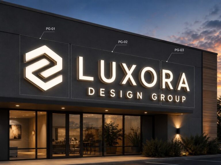 Large channel letters with planned LED power groups on a commercial building façade