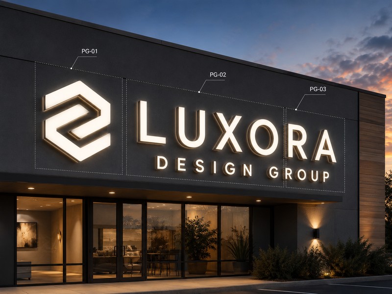 Large channel letters with planned LED power groups on a commercial building façade