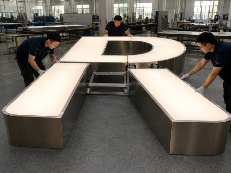 Large channel letter assembled from engineered sections in a custom sign factory
