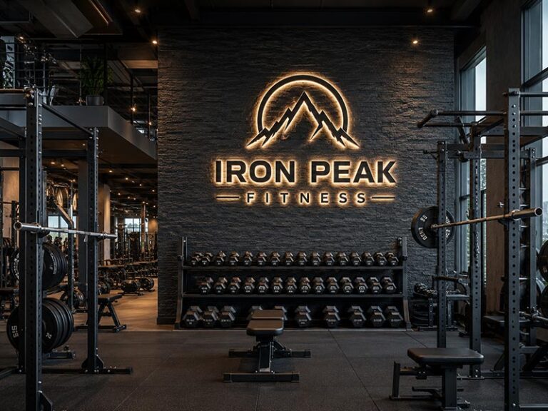 Large LED logo sign installed on a modern gym brand wall