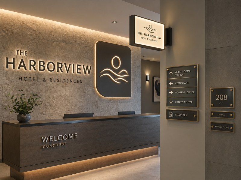 Leading commercial sign types including channel letters, LED neon, blade light box, dimensional letters, and wayfinding signs