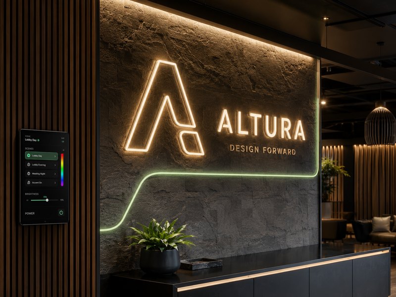 Commercial LED neon feature wall showing simplified logo lines, warm colors, mixed materials, smart controls, and modular construction