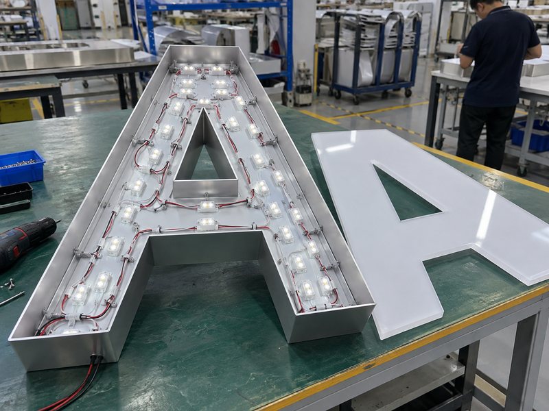 LED modules arranged inside a channel letter according to letter shape and stroke width