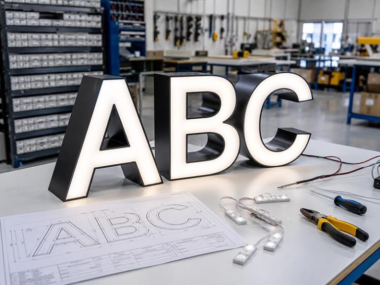 Finished LED channel letters with production drawing and LED modules in a sign factory