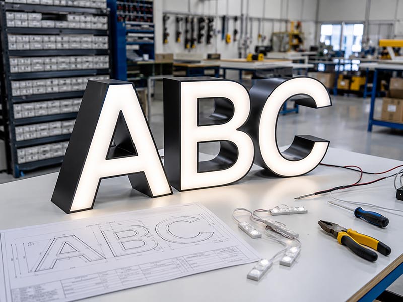 Finished LED channel letters with production drawing and LED modules in a sign factory