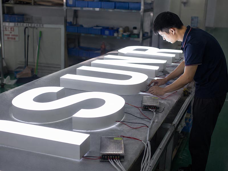 LED channel letters under illumination test for uniform brightness color and wiring stability