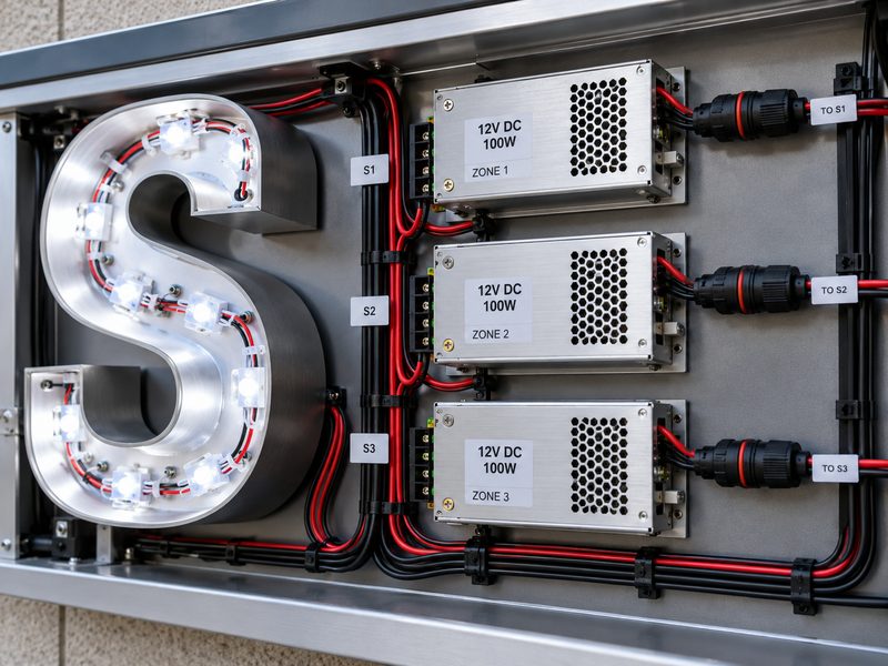 Safe low-voltage wiring and power supplies for LED channel letters