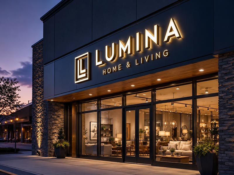 Full view of illuminated LED channel letters on storefront at night, highlighting brand visibility