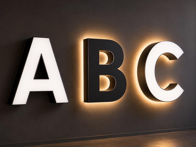 LED channel letters showing front-lit, halo-lit, and dual-lit types at night