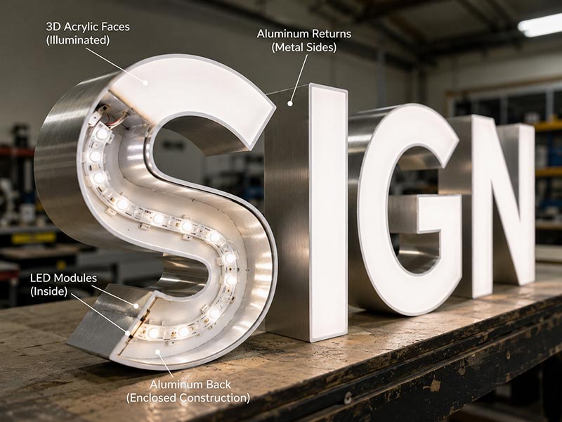 Close-up of custom LED channel letters with acrylic face and metal returns