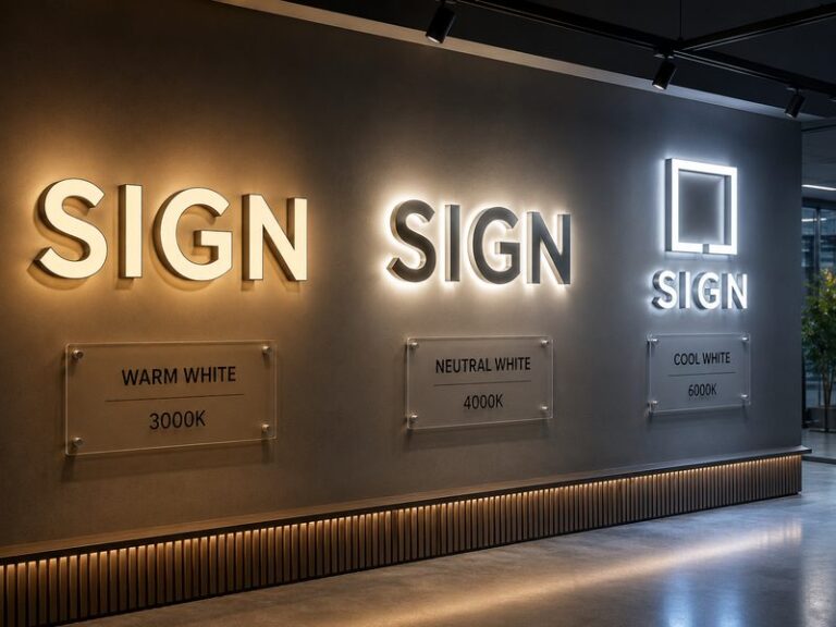 Custom LED signs showing warm white, neutral white, and cool white color temperature options