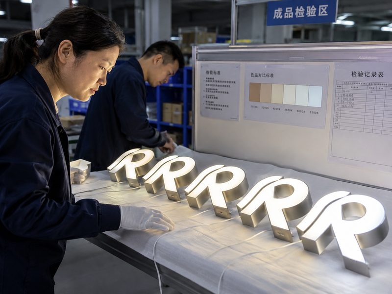 Factory quality inspection of illuminated sign letters for LED color and color temperature consistency