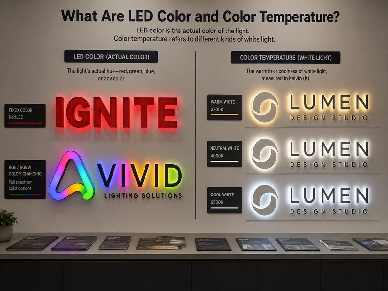 LED sign samples showing the difference between LED color and white color temperature