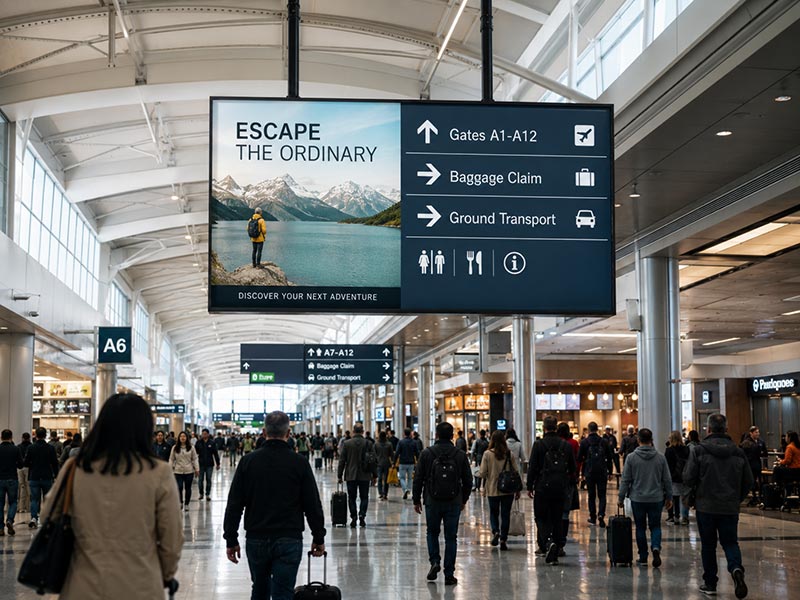 Illuminated LED light box used for advertising and wayfinding in a busy airport concourse