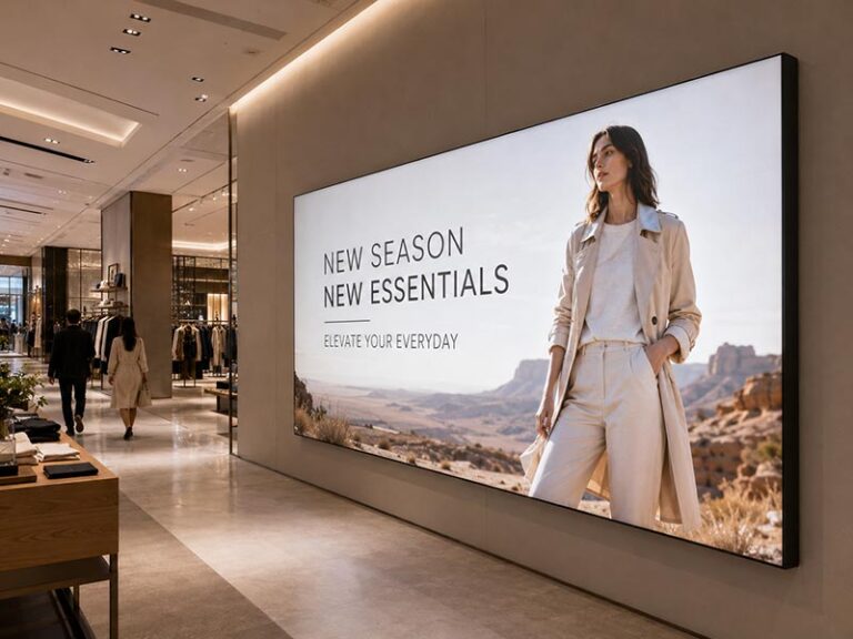 Large LED light box displaying an illuminated promotional graphic in a modern commercial retail space