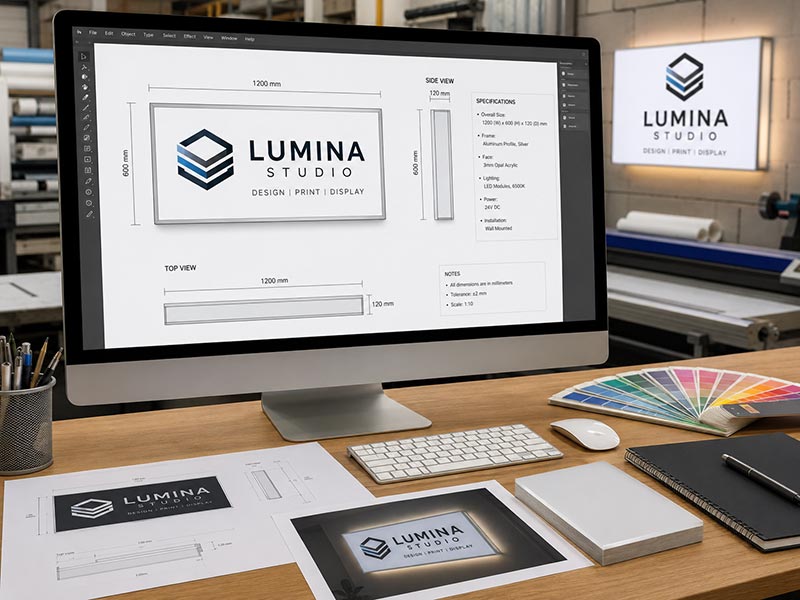 Designer screen displaying vector logo and mockup for LED light box