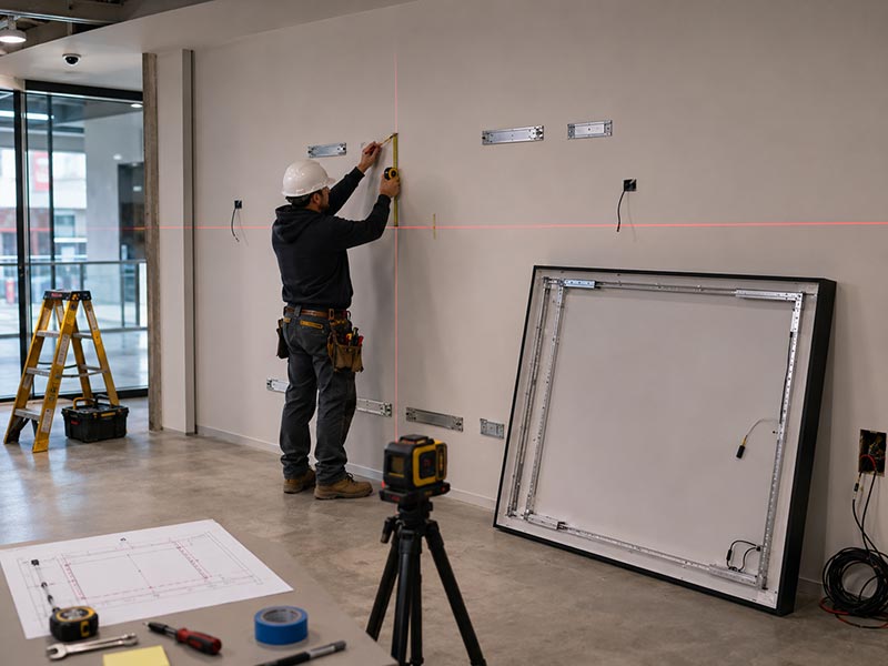 Installer measuring wall space and planning mounting and power for a commercial LED light box