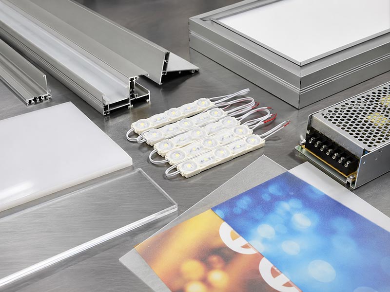 LED light box materials including aluminum frame, acrylic panel, and LED modules