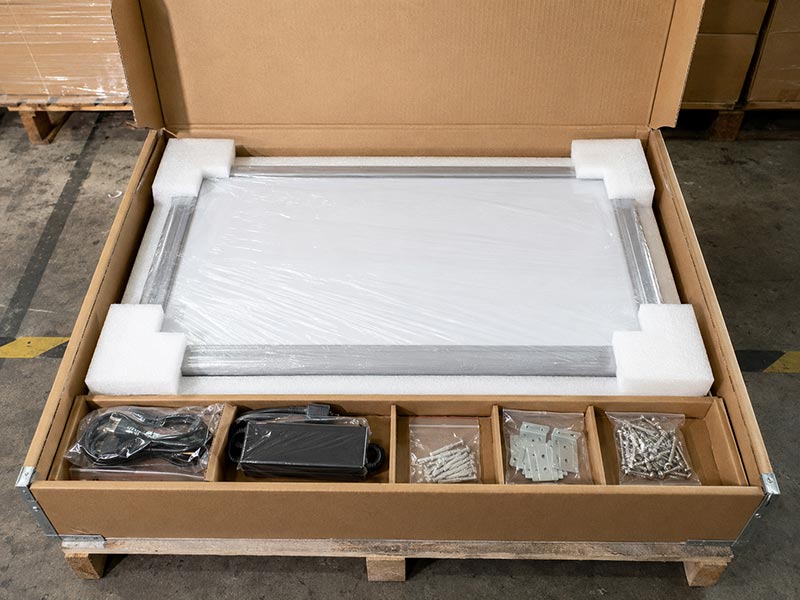 Export packaging for custom LED light boxes with foam protection, accessories, and shipping cartons