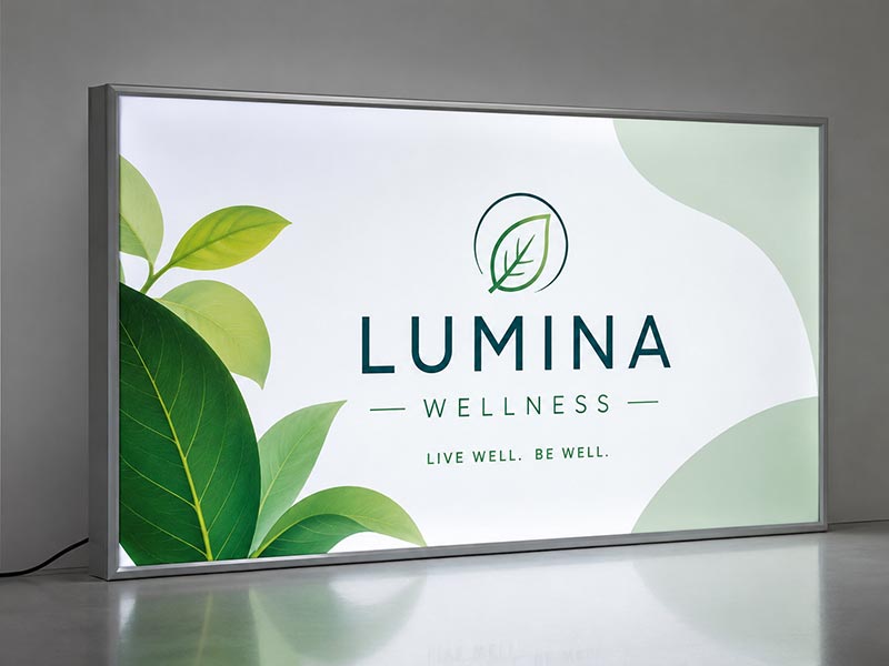 Front view of LED light box showing frame, panel, and graphic