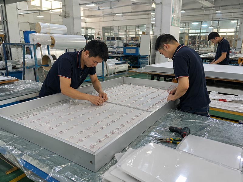 LED light box production in factory showing assembly and LED installation