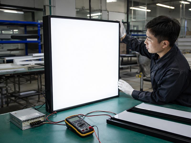 Factory quality inspection for LED light box brightness, frame, wiring, and power system