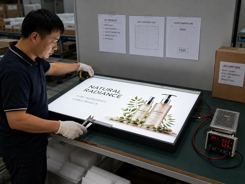 Chinese quality inspector checking dimensions, wiring, and lighting uniformity of a custom LED light box
