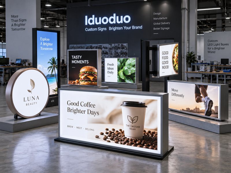 LED light boxes in different sizes, shapes, and configurations showing how product design affects cost