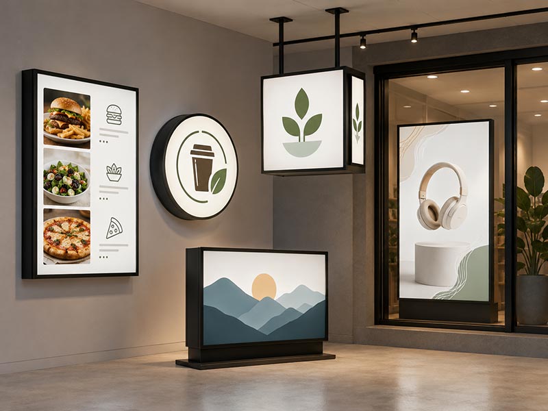 Different types of custom LED light boxes for restaurants, retail stores, and storefront signs