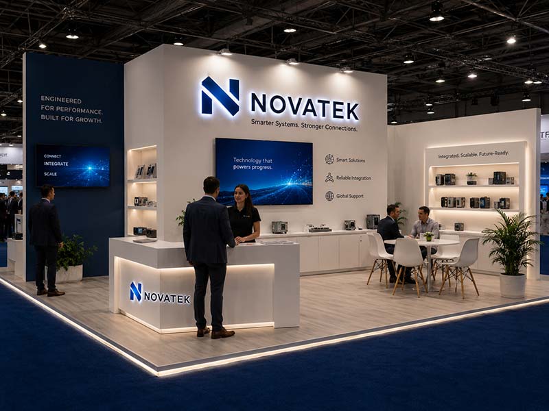 LED logo signs sized for an exhibition booth wall and reception counter