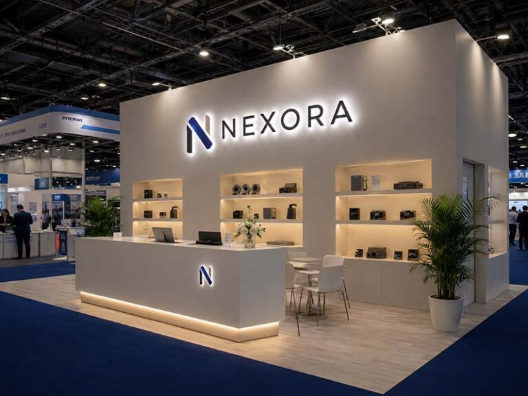 Custom LED logo sign installed on a modern exhibition booth wall
