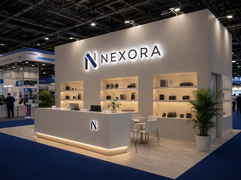 Custom LED logo sign installed on a modern exhibition booth wall