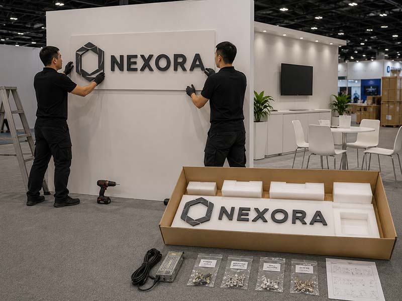 Installation-ready LED logo sign with protective exhibition transport packaging